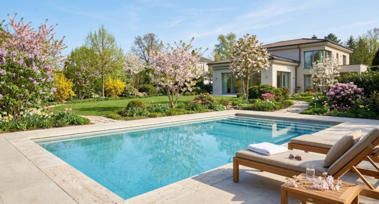 Jardin avec piscine propre et fleurs printanières.