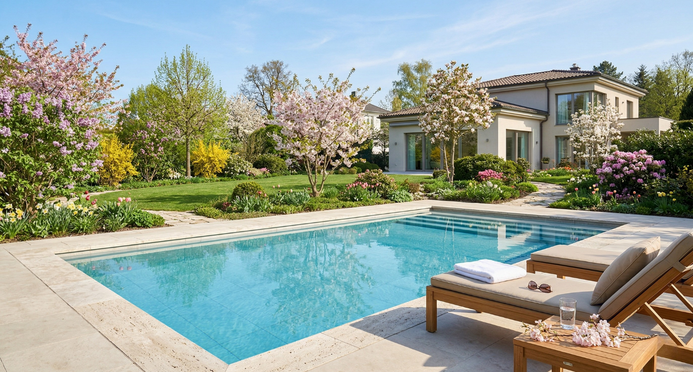 Jardin avec piscine propre et fleurs printanières.
