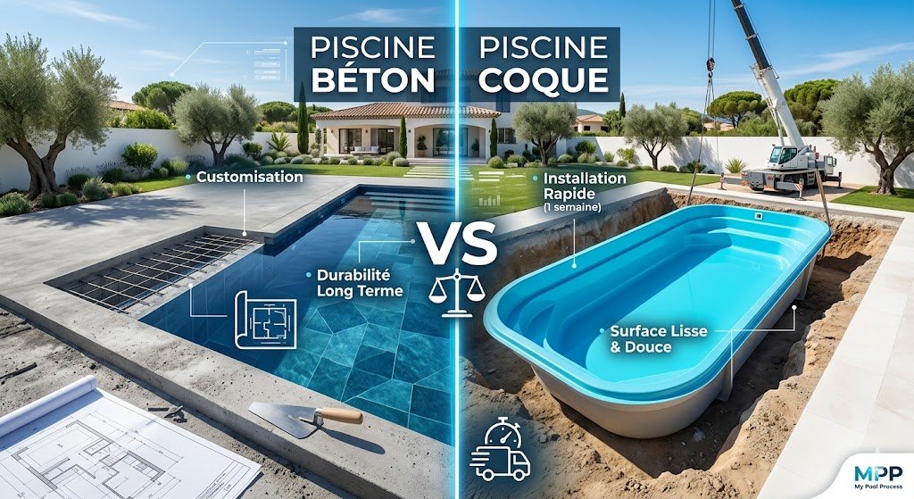 Comparatif visuel entre la construction d'une piscine en béton armé sur mesure et l'installation rapide d'une piscine coque. Illustration My Pool Process.
