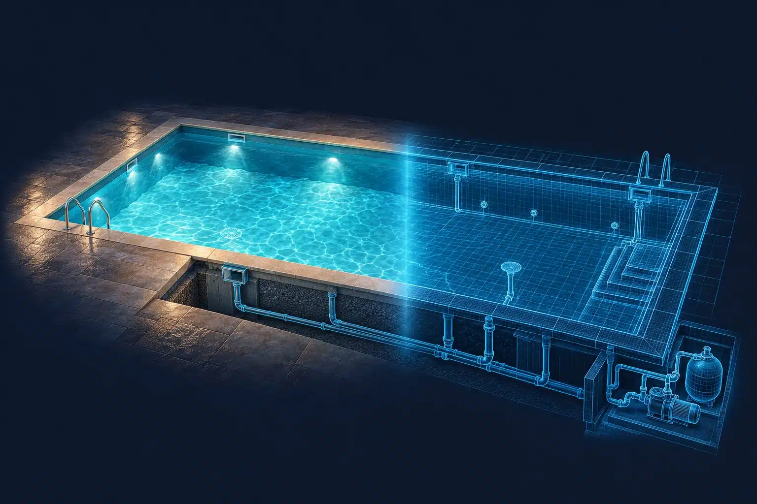 Une piscine réelle qui se prolonge en jumeau numérique : sa structure et son réseau hydraulique en lignes lumineuses